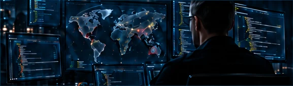 An operator reviewing a multi-screen security operations workspace