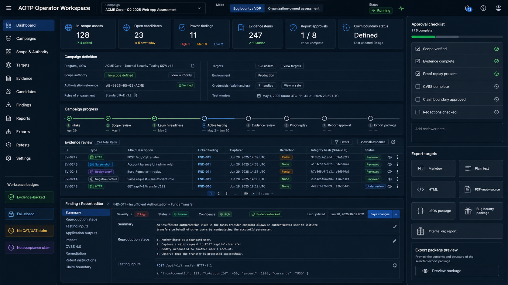 A governed AOTP operator workspace showing scope, evidence, findings and report controls
