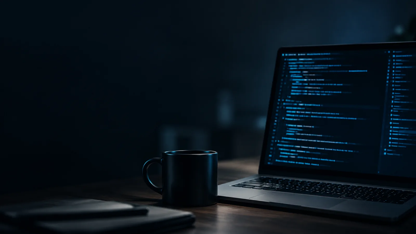 A dark engineering desk with a laptop and mug illuminated by blue screen light.