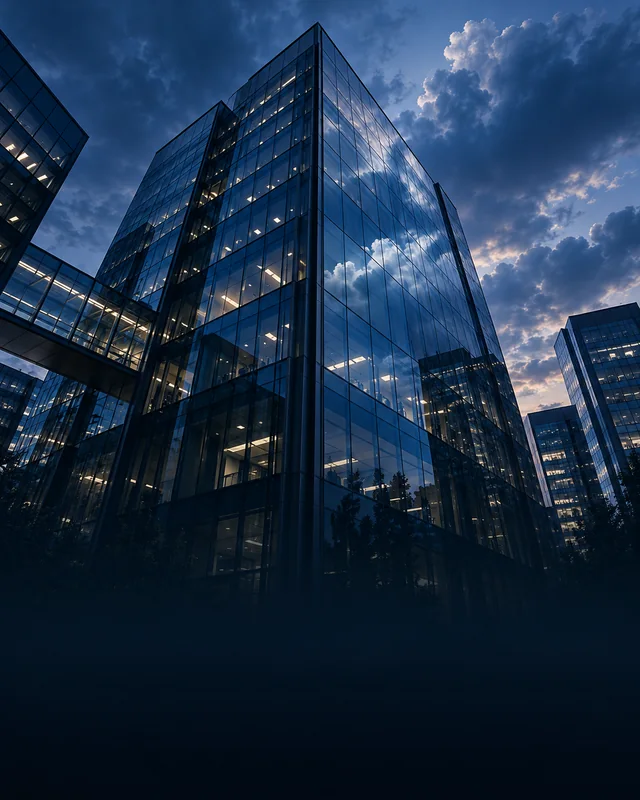 A modern glass enterprise office tower at blue hour.