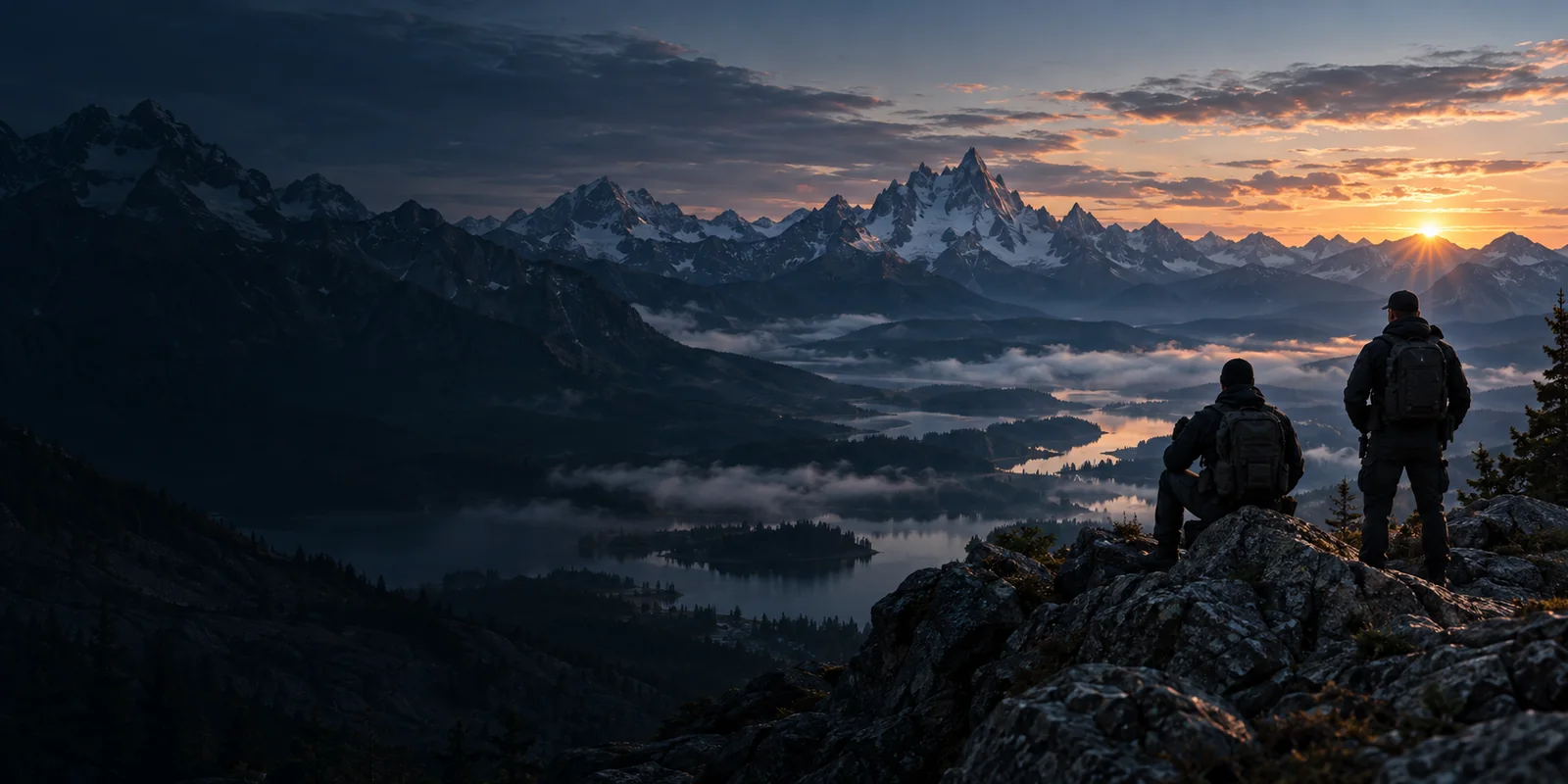 Two professional security operators overlooking a broad mountain valley at dawn.