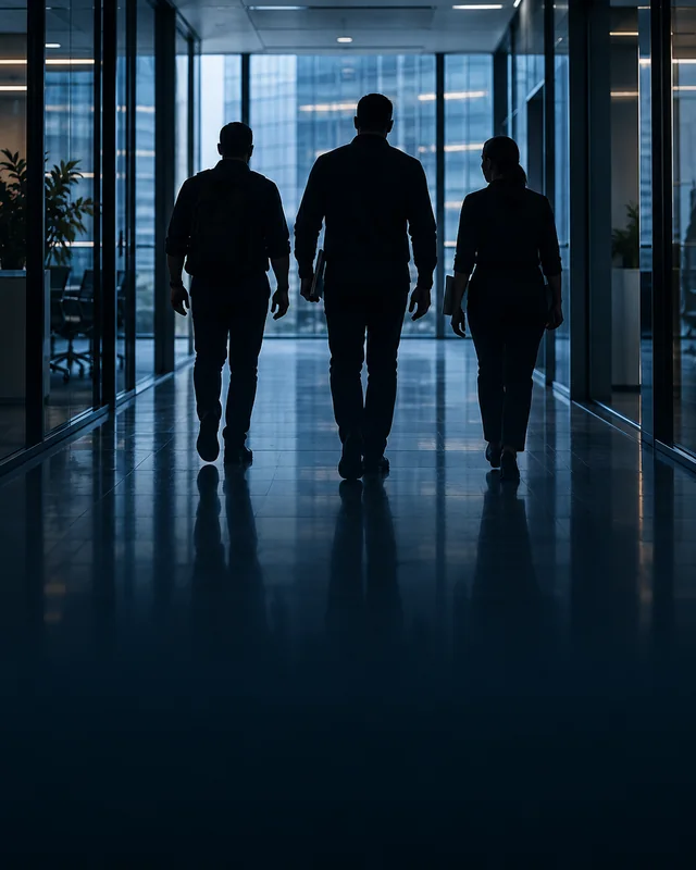 Three professional assessors walking through a corporate corridor.