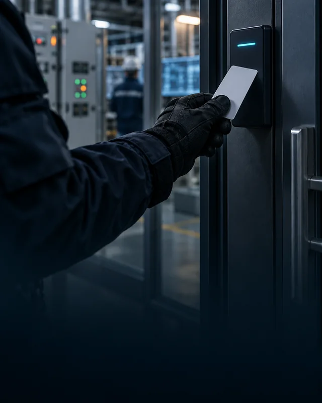 An authorized assessor presenting a blank badge to an industrial access reader.
