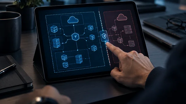 An engineer examining an abstract software architecture and trust-boundary map.