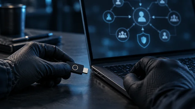 A software assurance engineer using a hardware security key beside an identity relationship view.