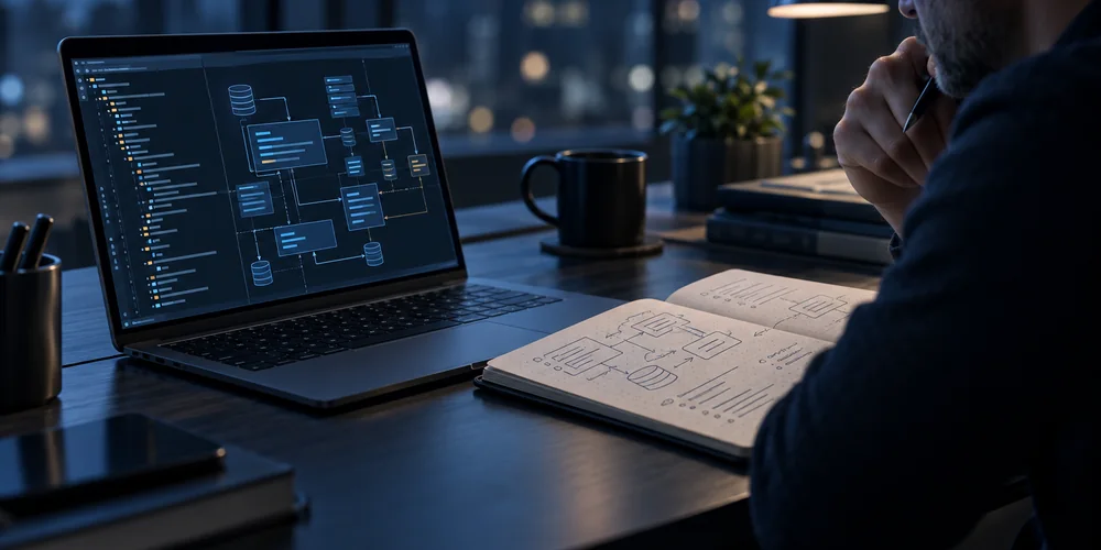 A senior software reviewer comparing an architecture notebook with a source-analysis workstation.