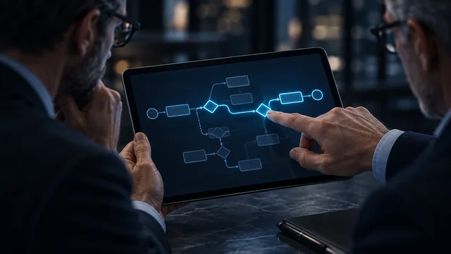 Two senior software reviewers examining a branching transaction workflow.