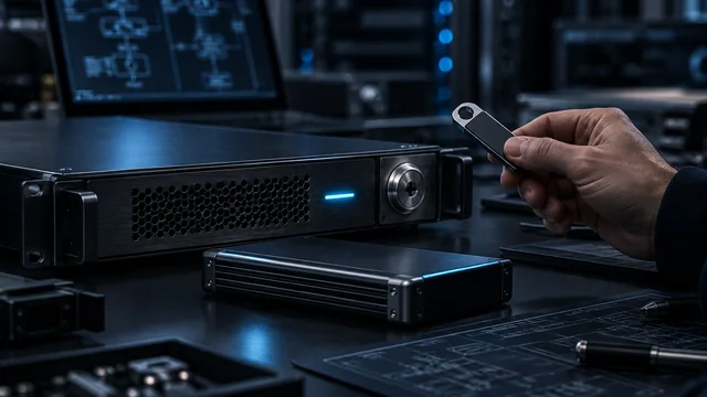 A reviewer examining secure storage hardware and a sealed security token.