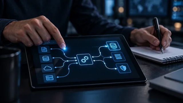 An engineer tracing an abstract data-flow graph through processing and storage nodes.