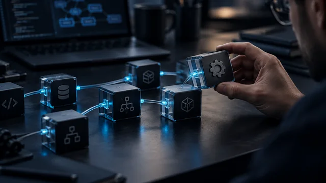 A reviewer examining linked software component modules on a workbench.